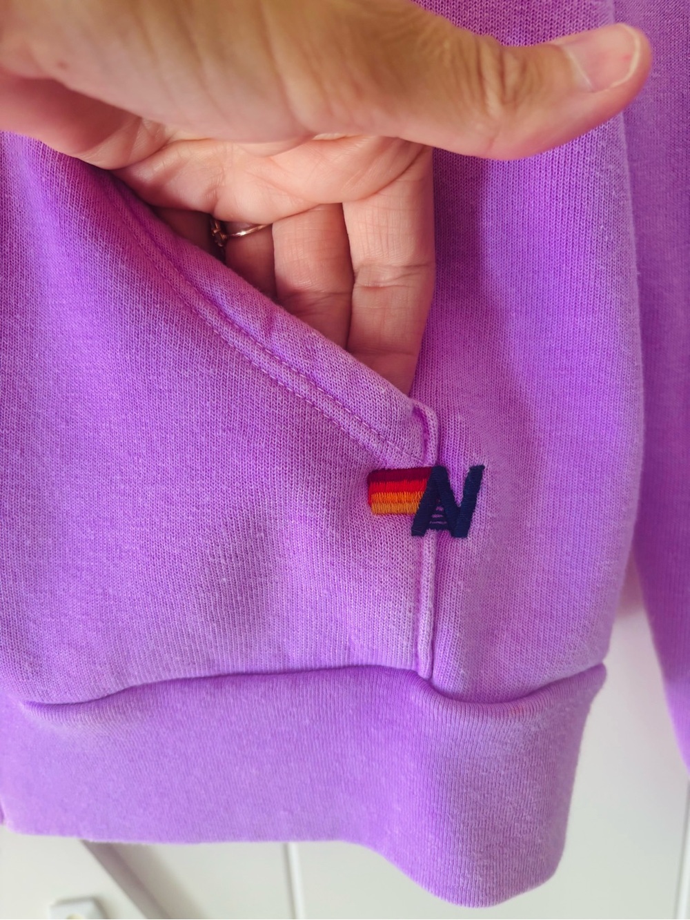 Aviator Nation kids Purple Zip-Up Hoodie with Rainbow Chest Stripes, size 12 - Picture 3 of 5